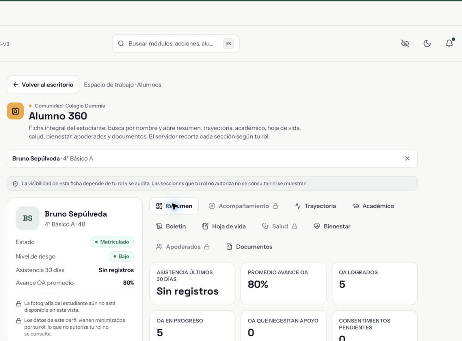 Captura de la ficha Alumno 360 con sus secciones y el resumen del estudiante