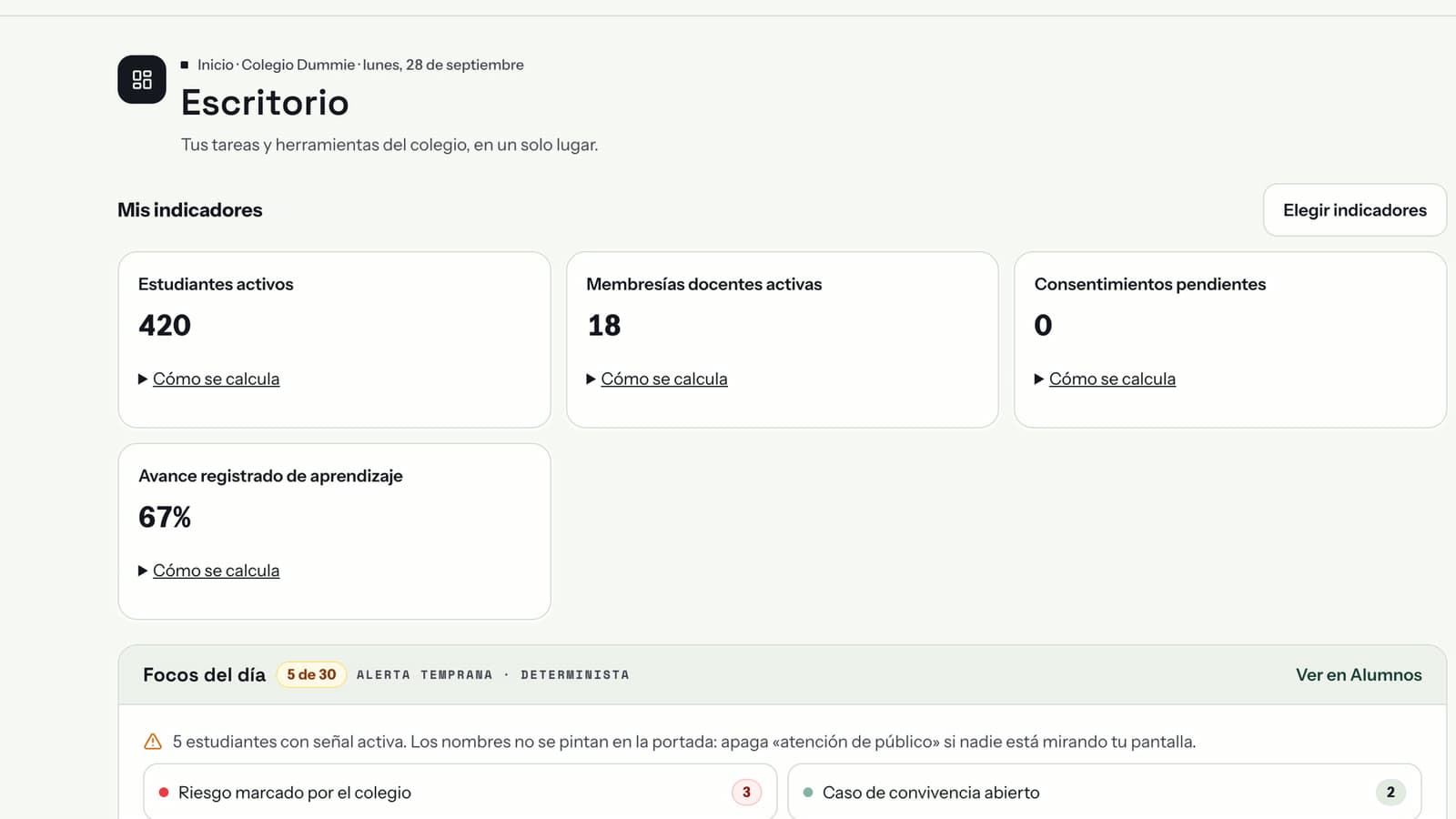 Captura del Escritorio con indicadores del colegio y alertas tempranas