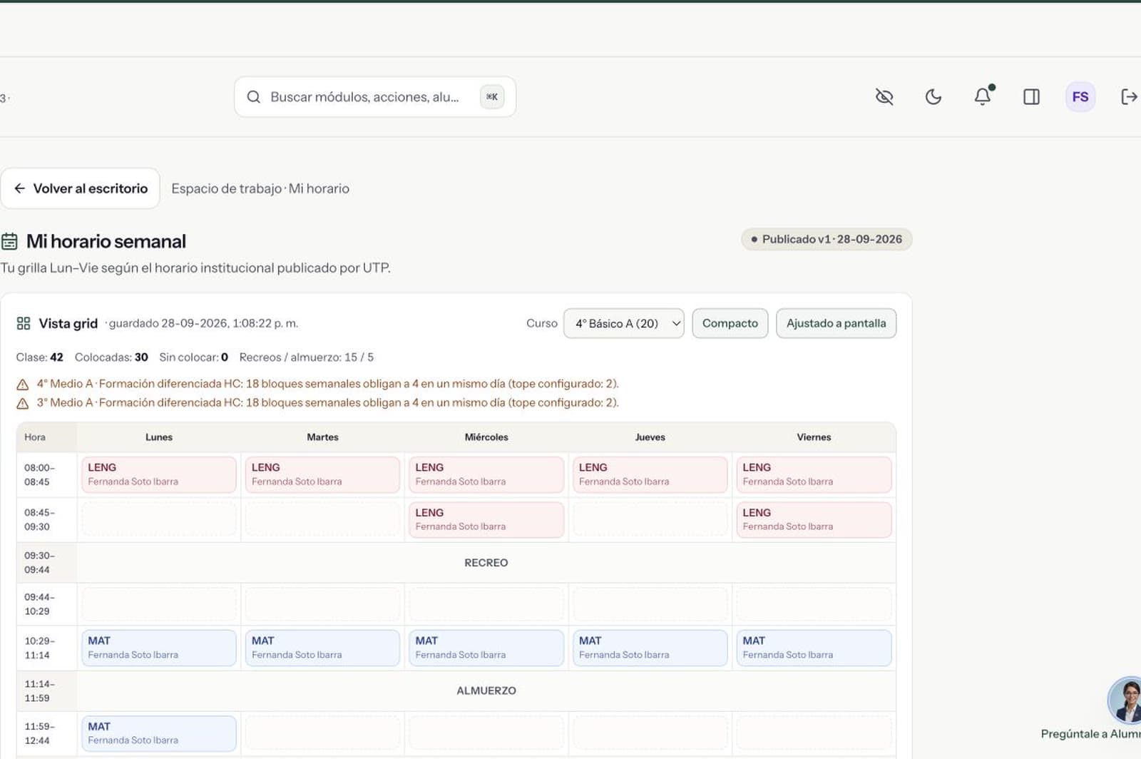 Captura de Mi horario semanal con bloques de Lenguaje y Matemática de lunes a viernes