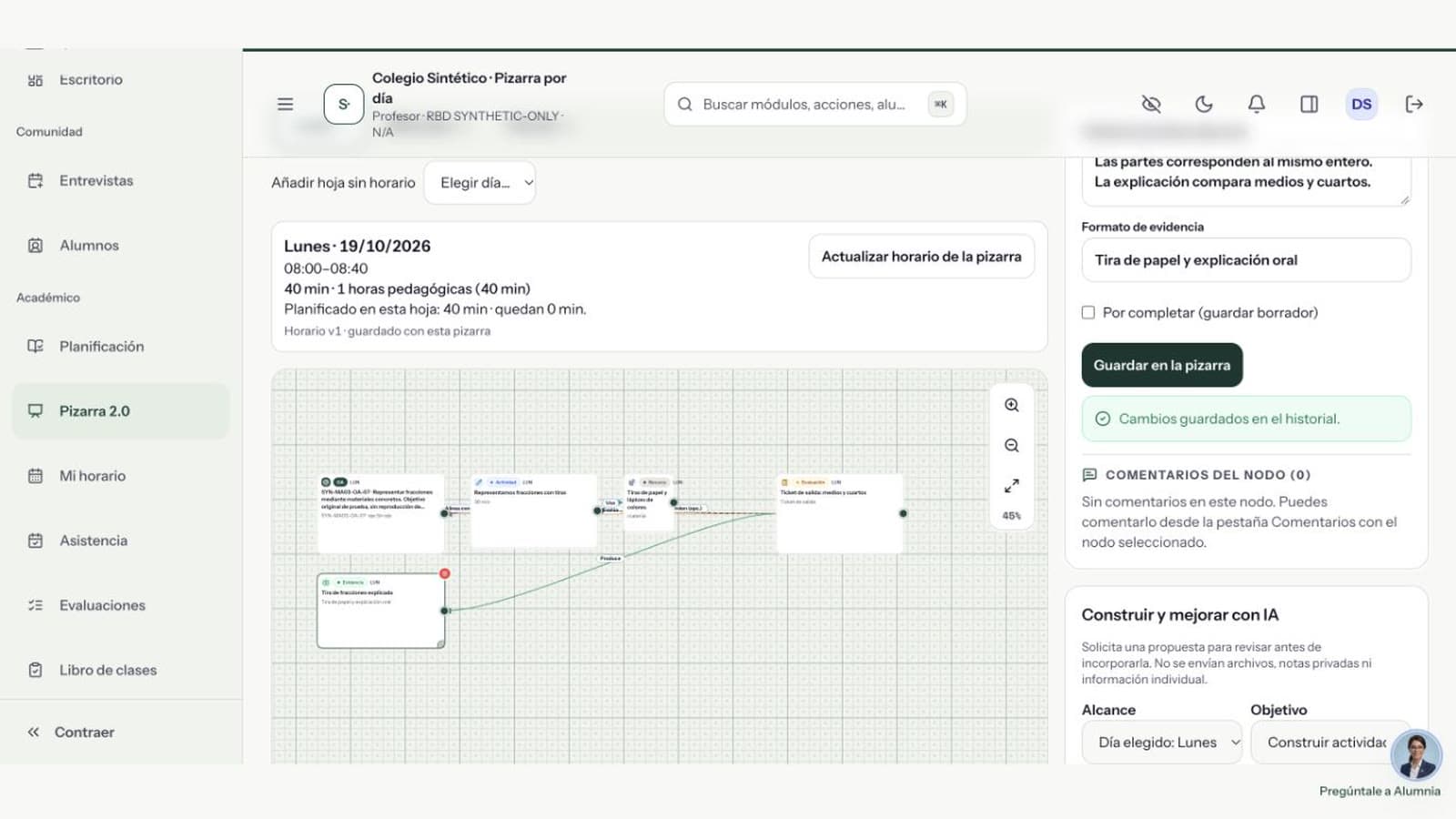 Captura de la Pizarra 2.0 con un día completo de objetivo, actividad, recurso, evaluación y evidencia