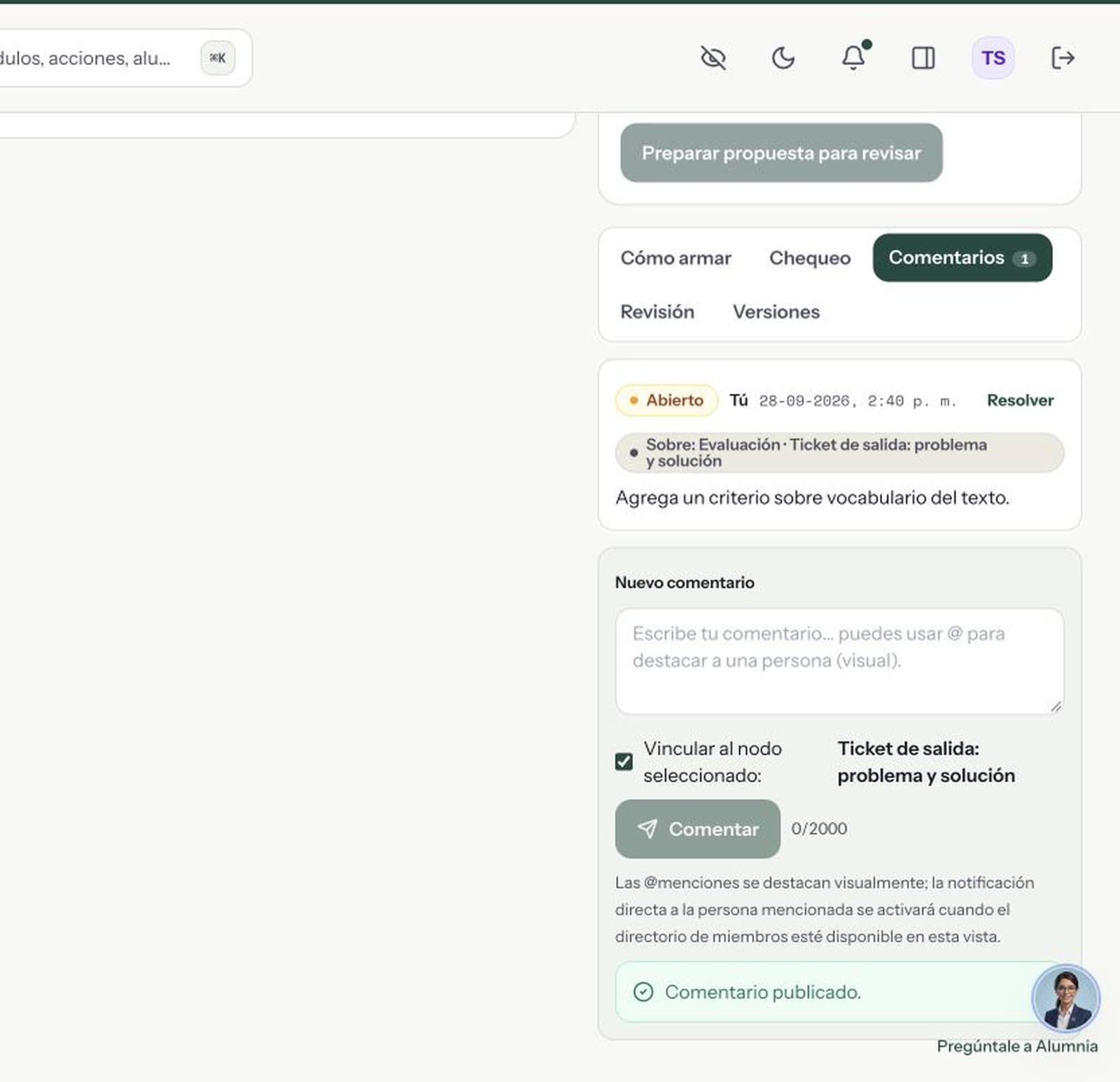 Captura de la revisión UTP con un comentario abierto sobre una evaluación de la Pizarra