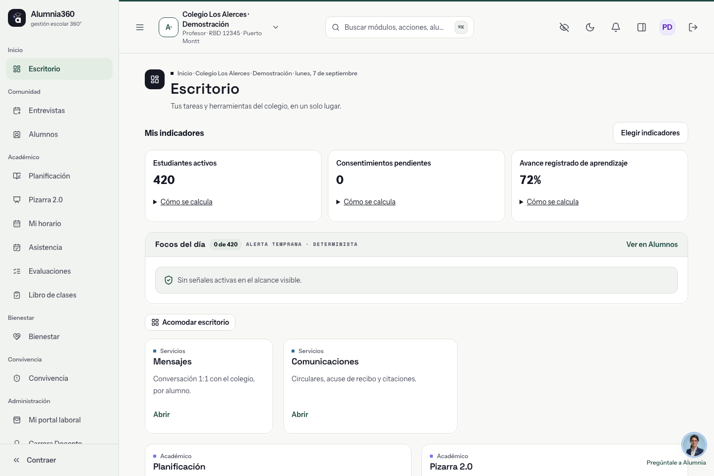 Vista demostrativa del escritorio escolar, con indicadores y tareas con datos ficticios